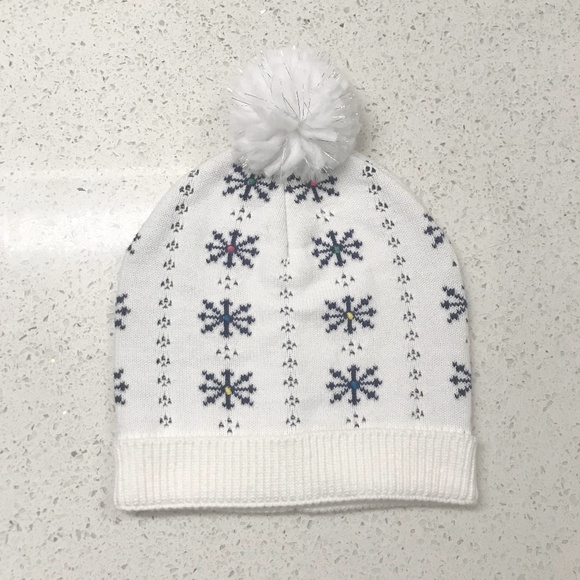 Kids Youth White & Navy Snowflake Pom Pom Beanie With Rainbow Dots - Picture 1 of 8